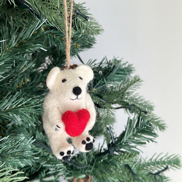 Felt Mini Polar Bear Holding Heart, Valentines Ornament, Valentine's Gift, Needle Felted Ornament, Biodegradable Ornament, Gifts For Him