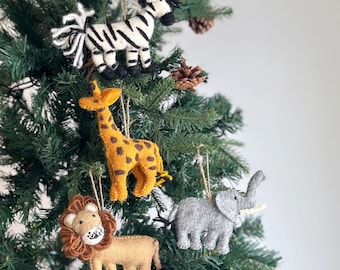 Safari Animal Christmas Ornament Set, Felt Giraffe, Elephant, Zebra, Biodegradable Ornament, Safari Animal Ornament from Ganapati Crafts