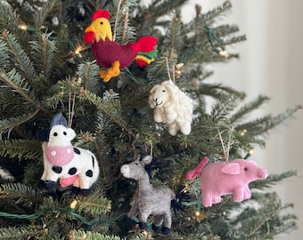 Felt Barnyard Holiday Ornament, Felt Rooster, Cow, Felt Sheep, Felt Pig, Biodegradable Ornament, Farm Animal Ornament from Ganapati Crafts