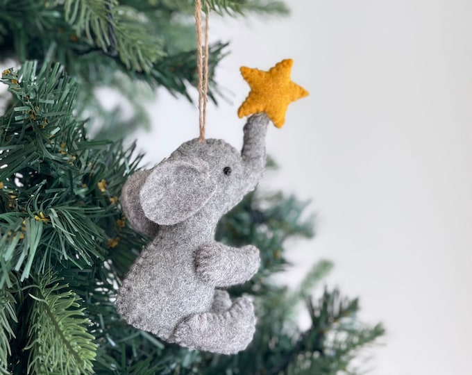 Felt Elephant with Star Christmas Ornament, Twine Thread Attached, Biodegradable Ornament, Safari Animal Theme