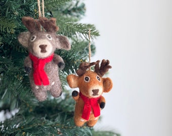 Felt Reindeer Christmas Ornament, Wool Felt Tree Hanging Decorations, Zipper Charm, Faire Trade Ornament