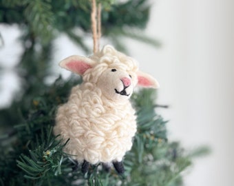 Felt Sheep Ornament with Pink Ear & Nose, Jute Thread String Attached, Biodegradable Ornaments, Tree Hanging Decorations, Counting Sheep