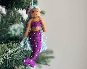 Felt Black Mermaid Christmas Ornament, Biodegradable Ornament, Tree Decorations, Christmas Decoration