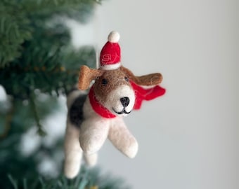 Felt Beagle Dog with Christmas Hat Ornament, Felt Jack Russell Terrier Ornament & Keychain, Christmas Decoration, Tree Hanging Decoration