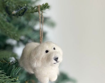 Felted Wool White Maltese Christmas Hat Ornament, Felt Dog Ornament & Keychain, Christmas Decoration, Tree Hanging Decoration