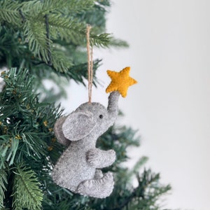 Felt Elephant with Star Christmas Ornament, Twine Thread Attached, Biodegradable Ornament, Hanging Decoration, Safari Animal Ornament