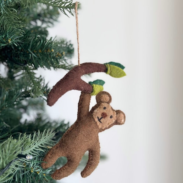 Felt Monkey Christmas Ornament, Twine Thread Attached, Biodegradable Ornament, Hanging Decoration, Safari Animal Ornament