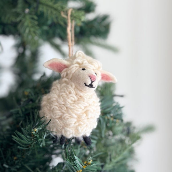 Felt Sheep Ornament with Pink Ear & Nose, Jute Thread String Attached, Biodegradable Ornaments, Tree Hanging Decorations, Counting Sheep