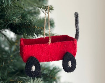 Felt Wagon Ornament, Hemp String Attached, Wool Felt Christmas Ornament, Biodegradable Ornaments, Holiday ornaments