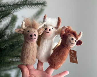 Fantoche de dedo de vaca das Terras Altas, brinquedos inspirados em Wardolf, auxílio na terapia da linguagem, acessório para contação de histórias