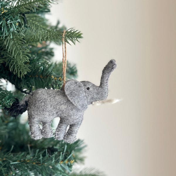 Felt Elephant Christmas Ornament with Jute Thread, Biodegradable Ornament, Tree Ornament, Hanging Decoration, Safari Animal Ornament