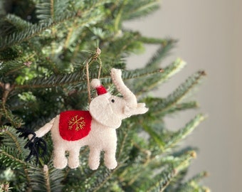 Felt Elephant Ornament with Christmas Hat, Felt Christmas Ornament, Tree Ornaments, Hanging Decorations, Fair Trade Ornaments