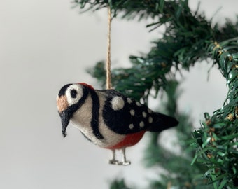 Felt Woodpecker Ornament with Hemp String Attached, Bird Ornaments, Needle Felted Birds, American Birds, Fair Trade Ornaments