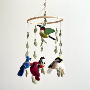 Puede incluir: Un m&oacute;vil de madera con cinco p&aacute;jaros de fieltro y hojas verdes de fieltro colgando de un marco circular de madera. Los p&aacute;jaros incluyen un colibr&iacute;, un arrendajo azul, un cardenal, un p&aacute;jaro carpintero velloso y un carbonero.