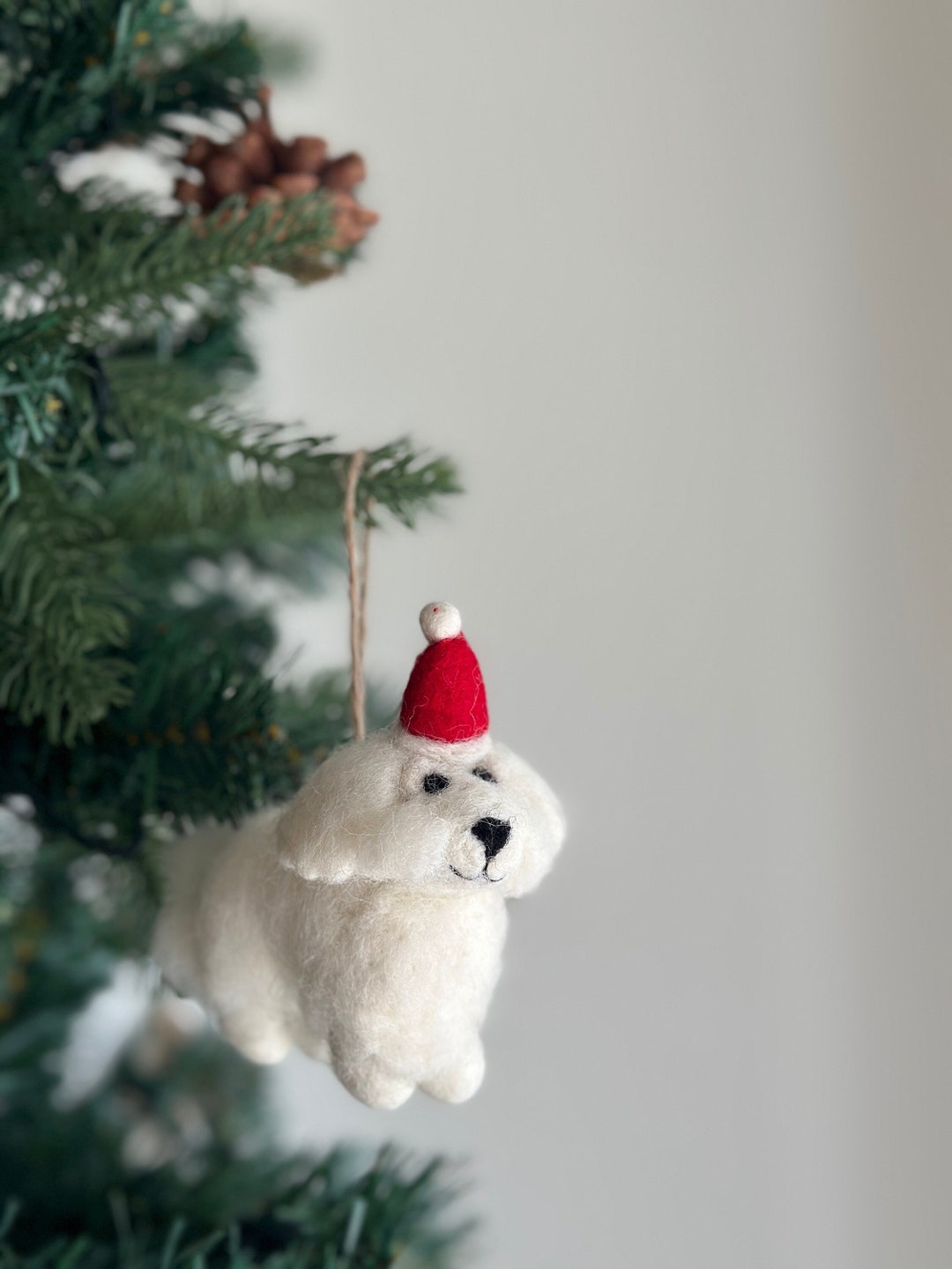 Felted Wool White Maltese Christmas Hat Ornament, Felt Dog Ornament