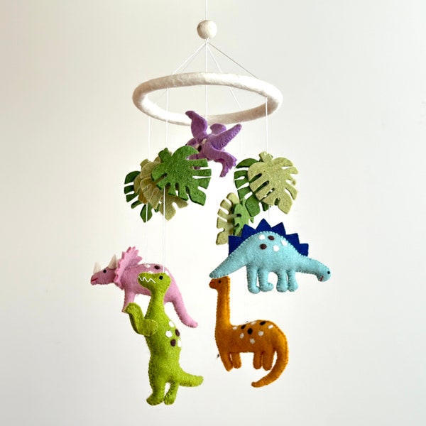 Felt Dinosaur Baby Mobile with Monstera Leaves, Waldorf Inspired Mobile, Baby Shower's Gift, Crib Mobile, Nursery Decor