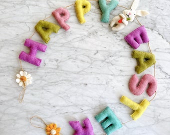 Felt Happy Easter Garland, Mother's Day Gift, Bunny Garland, Pastel Tone Party Banner