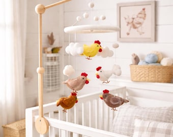 Móvil de gallina para bebé, móvil de granero, decoración para habitación infantil, regalo para baby shower, vaca de fieltro, gallo de fieltro, oveja de fieltro, cerdo de fieltro