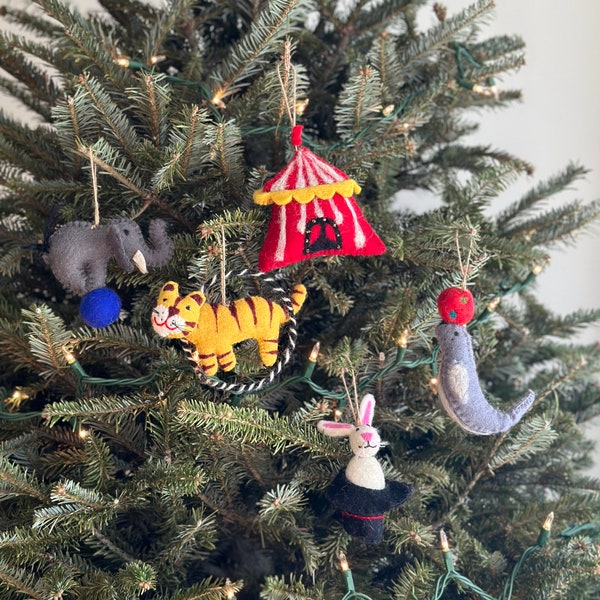 Felt Circus Ornament Set with a hemp string loop, Biodegradable Ornaments, Tree Hanging Decorations, Gifts for Mom (Set of 5)