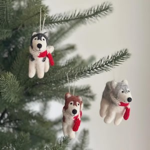 Felt Husky Dog Ornament with Christmas Hat, Wool Felt Ornament, Biodegradable Ornament, Fair Trade Ornament, For Dog Lovers