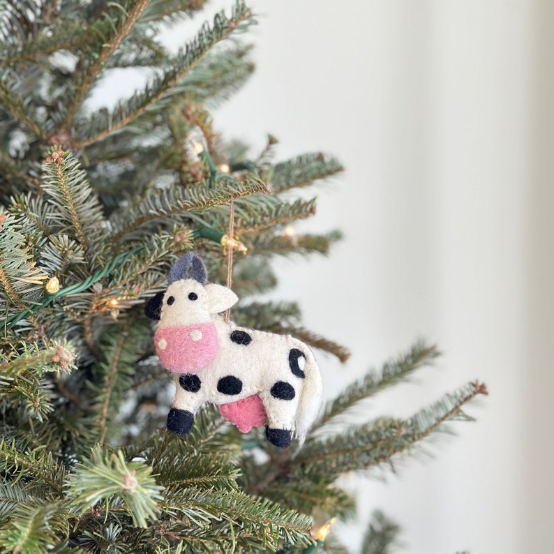 Felt Milk Cow Ornament with Hemp string attached, Felt Christmas Ornament, Biodegradable, Farm animal ornament image 1