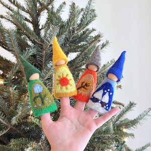 Nåltovade 4 årstiders gnomfingerdockor - Wardolf-inspirerade leksaker, språkterapileksak, gnomleksak, unik julklapp