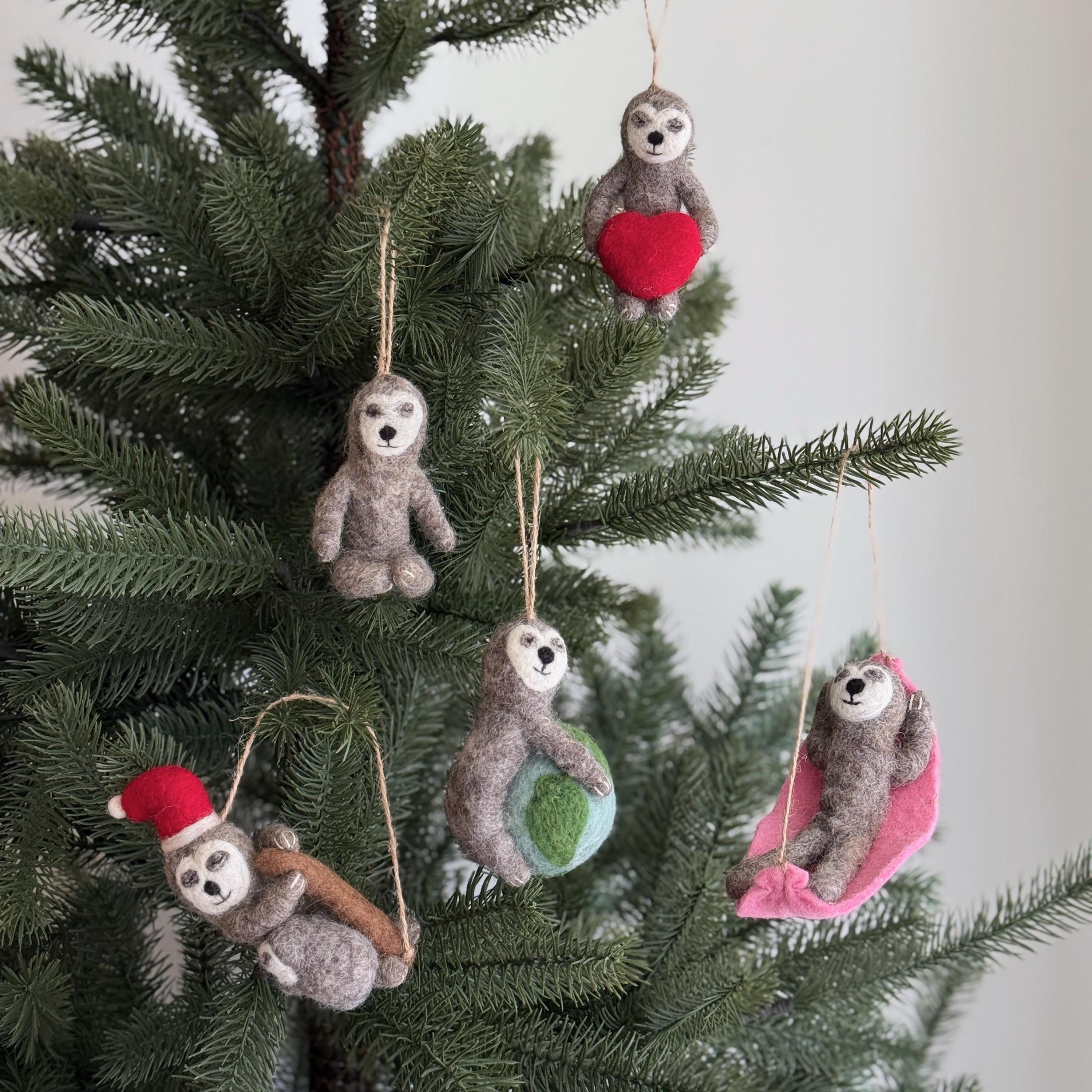 Felt Sloth Ornament Holding Red Heart – Handmade Wool Animal Christmas ...