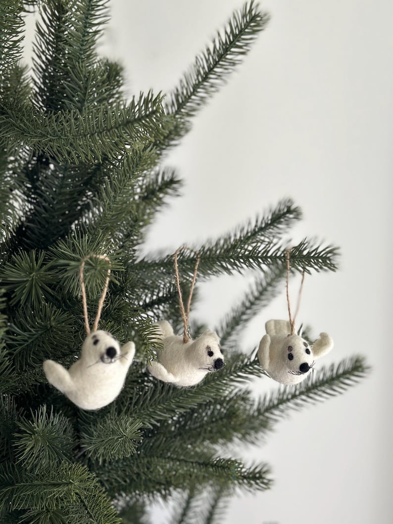 Felt Seal Ornament Set of 3, With Hemp String, Needle Felted, Christmas