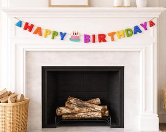 Felt Happy Birthday Banner, Rainbow Wool Garland, Handmade Nepal