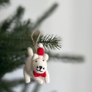 Felt White Cat in Christmas Hat Ornament, Gift For Cat Lovers, Needle Felted Ornaments, Biodegradable Ornaments, Kitty Ornaments