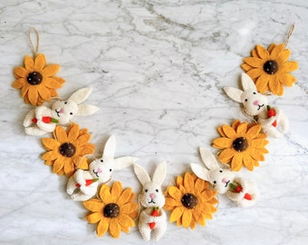 Felt Bunny & Sunflower Garland, Mother's Day Gift, Bunny Garland, Easter Party Banner, Spring Decor