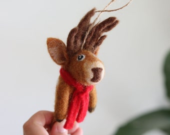 Felt Reindeer Christmas Ornament, Wool Felt Tree Hanging Decorations, Zipper Charm, Faire Trade Ornament