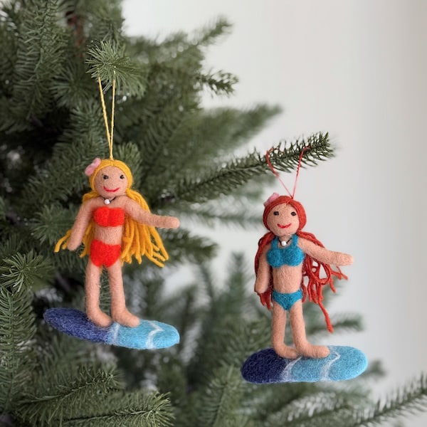 Felt Surfer Girl Ornament - Handmade Wool Ornament - Beach Christmas Decor - Summer Tree Ornament - Coastal Holiday Gift