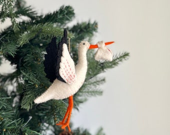 Felt Stork Ornament, Welcoming Newborn, Baby Celebration, Unique Parent Gift, Spring Decor, Hemp String Attached, Rattle stork Ornament