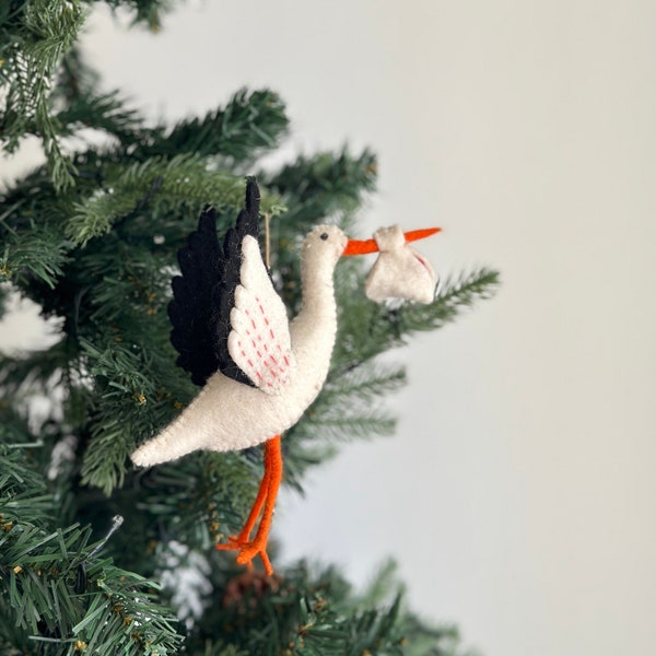 Felt Stork Ornament, Welcoming Newborn, Baby Celebration, Unique Parent Gift, Spring Decor, Hemp String Attached, Rattle stork Ornament