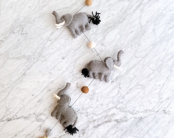 Felt Elephant Garland with a Copper Bell at the end, Safari Animal Garlands, Wall Hangings, Nursery Kids Room Décor, Waldorf Inspired