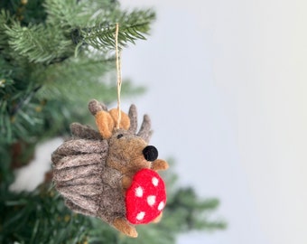 Hedgehog Ornament, Felt Hedgehog Miniature with Hemp String Attached, Needle Felted Hedgehog, Fair Trade Ornament from Ganapati Crafts Co.