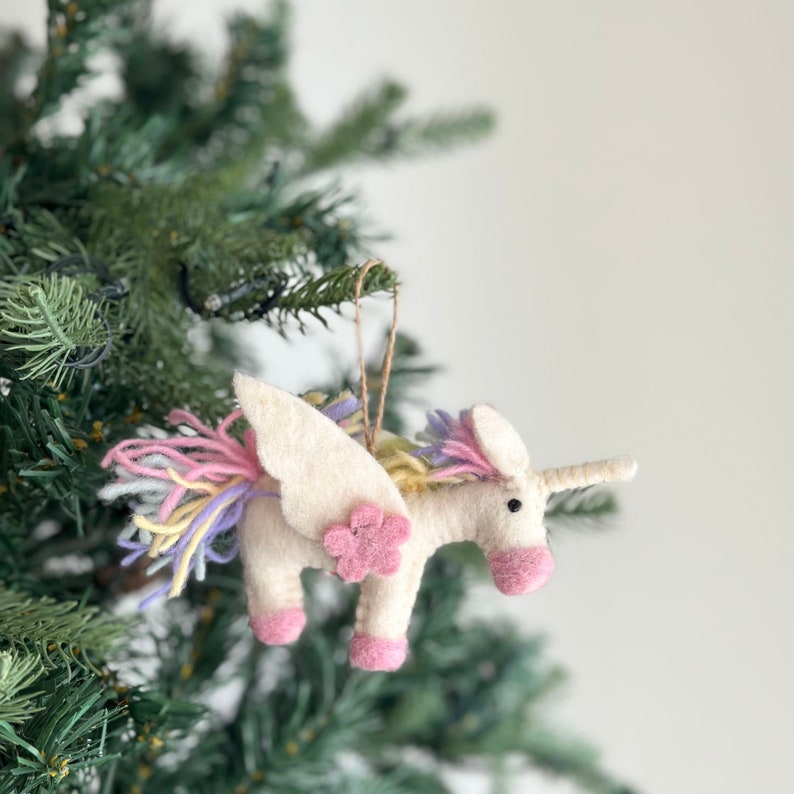Unicorn Felt Keychain, Pastel Unicorn Christmas Ornament, Rainbow Unicorn, Fair Trade Ornament, Biodegradable Ornament, Zipper Charm image 1