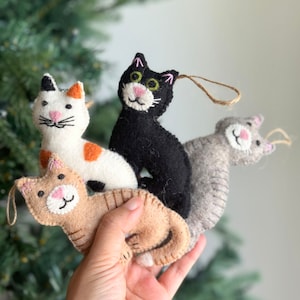 Felt Stitched Cat Christmas Ornament, Gift For Cat Lovers, Needle Felted Ornaments, Biodegradable Ornaments, Kitty Ornaments