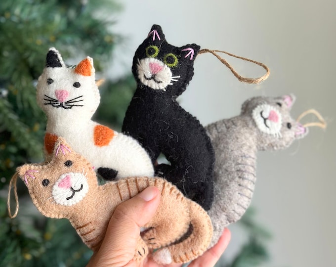 Felt Stitched Cat Christmas Ornament, Gift For Cat Lovers, Needle Felted, Fair Trade Gift