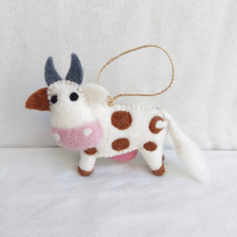 Felt Milk Cow Ornament with Hemp string attached, Felt Christmas Ornament, Biodegradable, Farm animal ornament Brown Spot