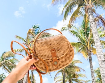 Bali Rattan Bag, Guitar Bag, Woman purse, wicker bag, straw bag, leather crossbody bag, handmade in Bali