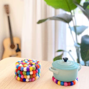 Felt Ball Rainbow Round Cup Coasters - Set of 4