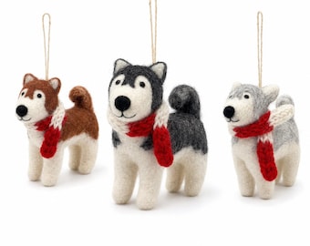 Felt Husky Dog Ornament with Christmas Hat, Wool Felt Ornament, Biodegradable Ornament, Fair Trade Ornament, For Dog Lovers