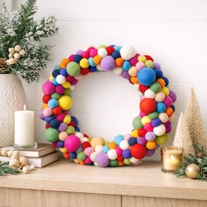 Rainbow Felt Ball Christmas Wreath | Handmade Wool Pompom Door Decoration
