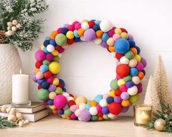 Rainbow Felt Ball Christmas Wreath | Handmade Wool Pompom Door Decoration