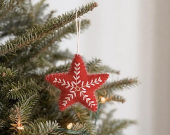 Filz-Stern-Weihnachtsverzierung mit Schneeflocken-Stickerei, biologisch abbaubare Ornamente, Baumschmuck