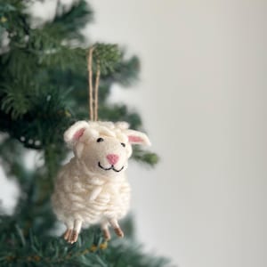 Felt Sheep Ornament with Pink Ear & Nose, Jute Thread String Attached, Biodegradable Ornaments, Tree Hanging Decorations, Counting Sheep