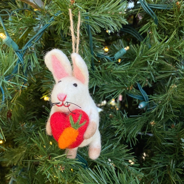 Bunny Ornament with Jute Thread Attached, Rabbit Holding a Heart, Needle Felted Christmas Ornament, Woodland Animal Figure