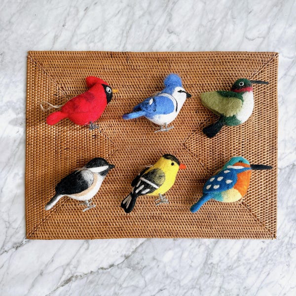 Felt Bird Ornament - Birds of America Set of 6, Christmas Stocking Stuffer, Biodegradable ornaments, Tree Hanging Decorations